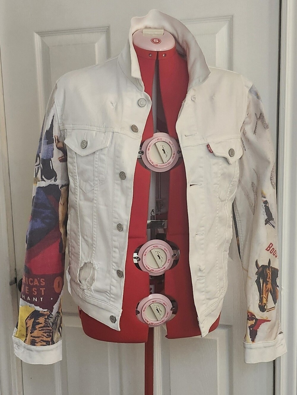 White Levi's Destressed Denim Jacket with Multi-Color Graphic Sleeves